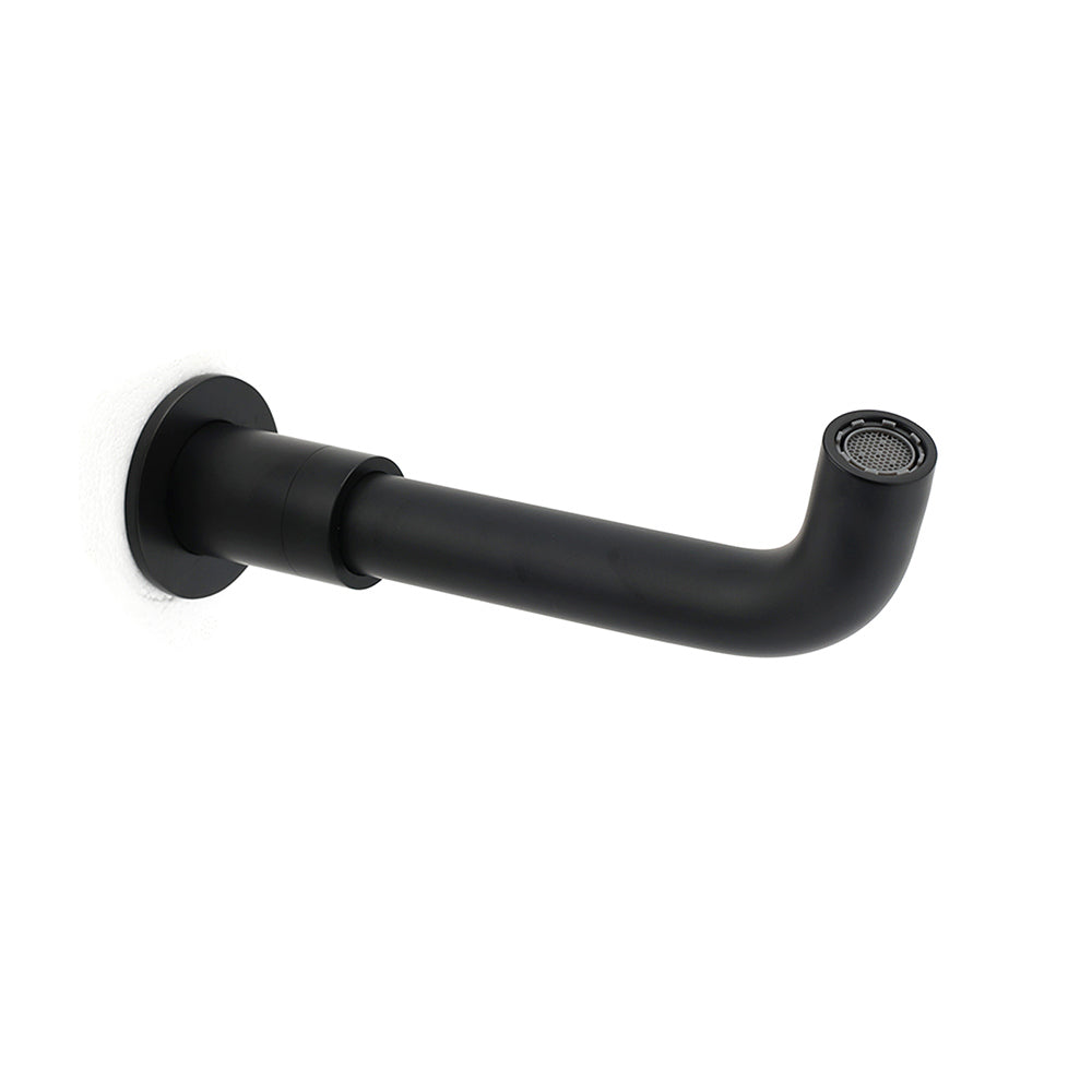 Matt black spout with visible swivel joint and perforated aerator screen in close detail