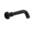 Matt black spout extended horizontally with visible swivel joint and aerator screen