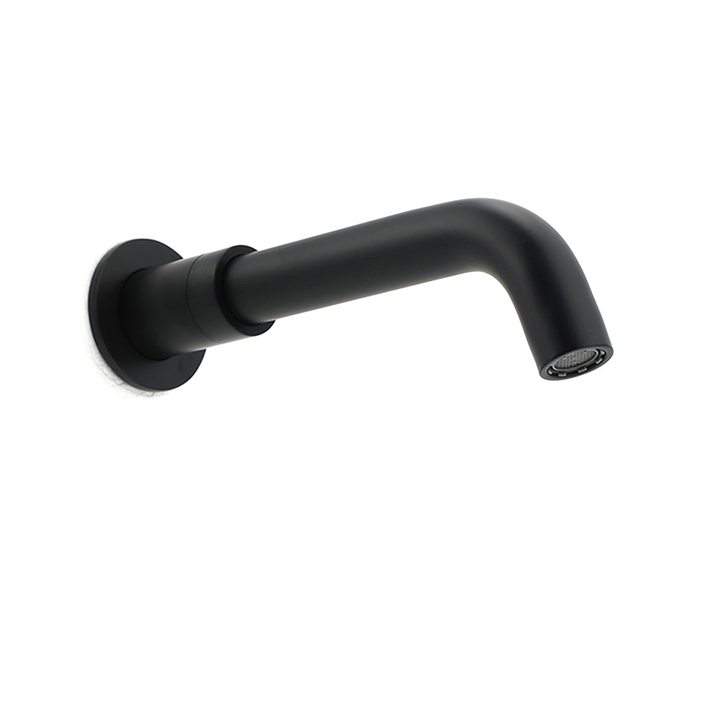 Matt black spout extended horizontally with visible swivel joint and aerator screen