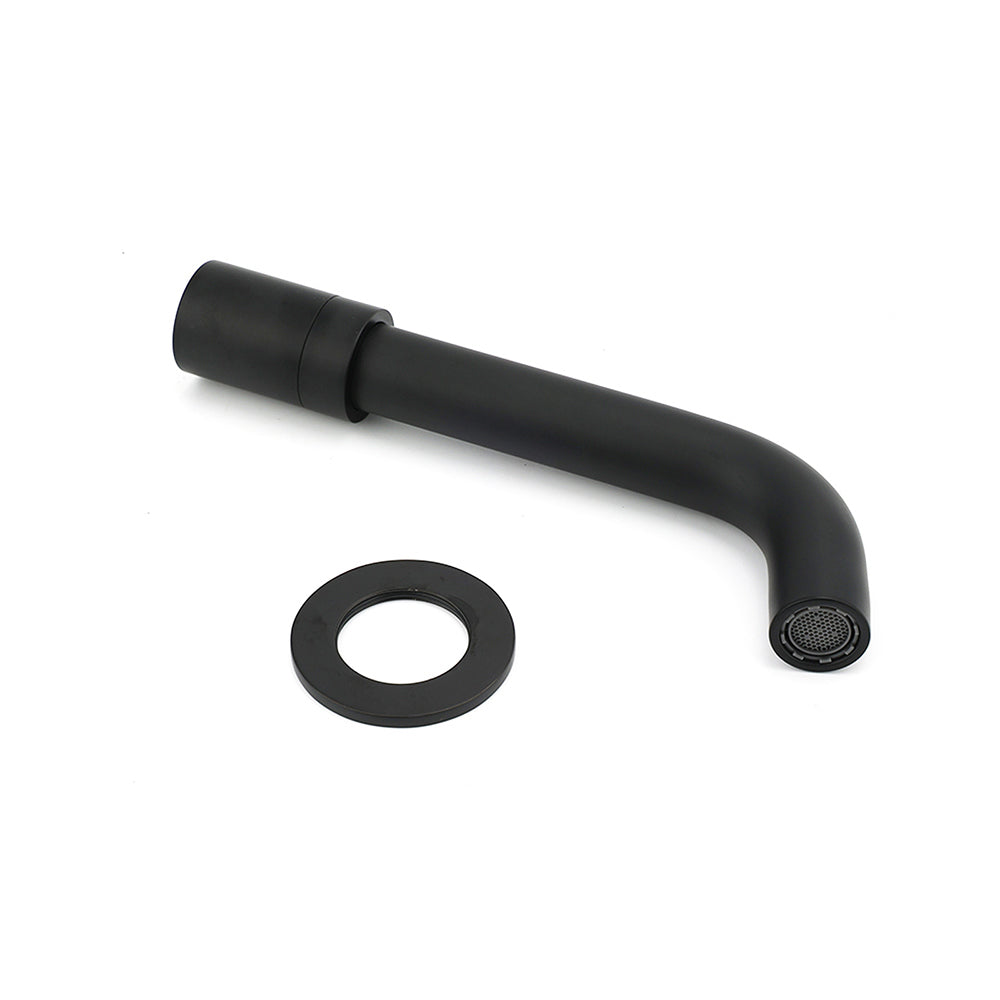 Spout and circular wall-mount rosette shown at angle from above with aerator screen