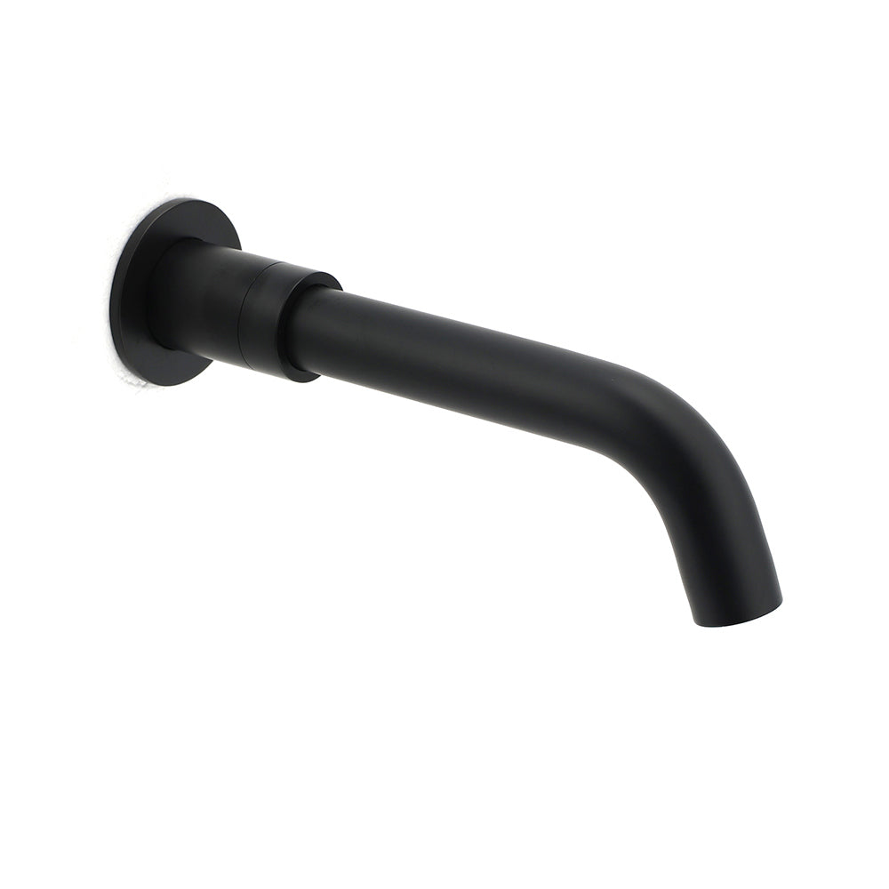 Matt black wall-mounted bath spout angled downward with swivel joint on white background