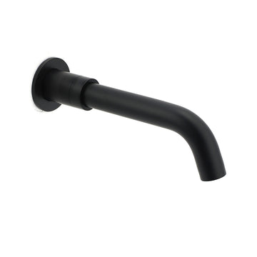 Matt black wall-mounted bath spout angled downward with swivel joint on white background