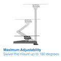 Laser ceiling TV mount maximum adjustability diagram swivel up to 180 degrees with ghosted arm positions on white