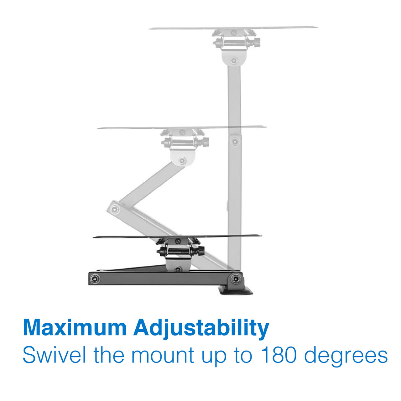 Laser ceiling TV mount maximum adjustability diagram swivel up to 180 degrees with ghosted arm positions on white