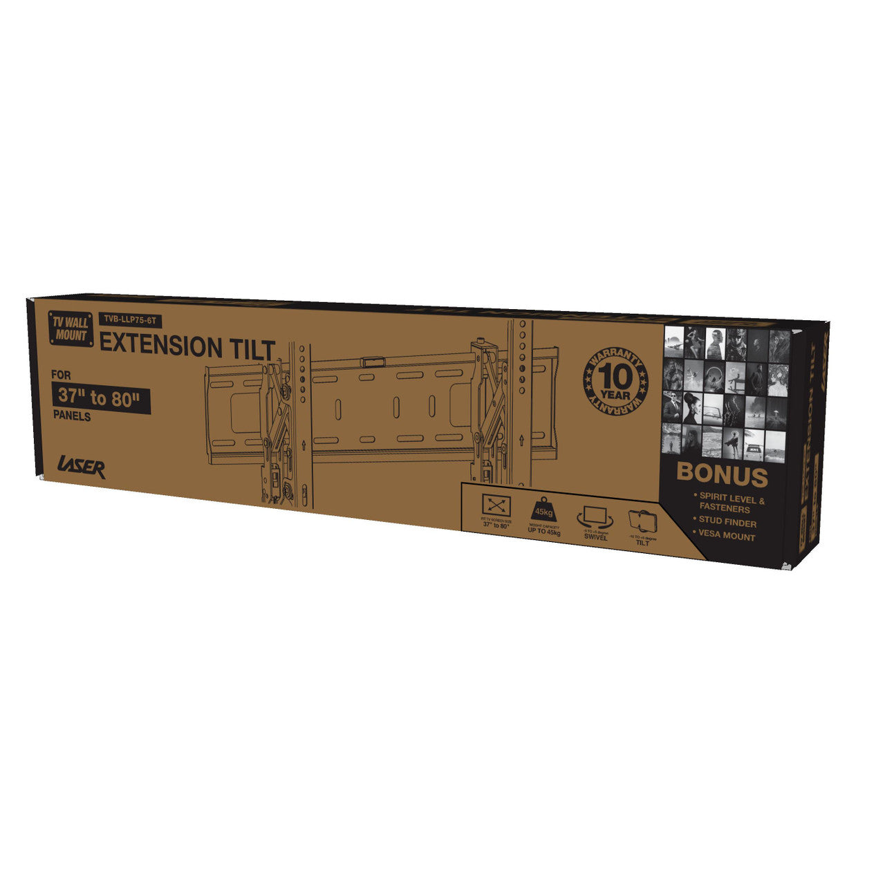 Laser extension tilt TV wall mount box rear side TVB-LLP75-6T bonus spirit level stud finder and VESA mount callout