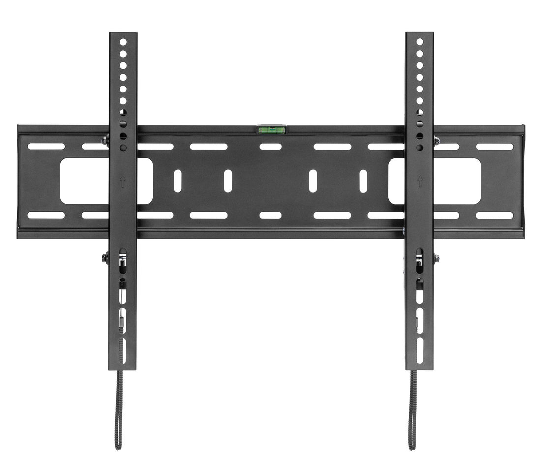 Black large fixed TV wall bracket flat front view on white two vertical rails spirit level and two cable ties