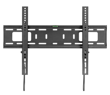 Black large fixed TV wall bracket flat front view on white two vertical rails spirit level and two cable ties