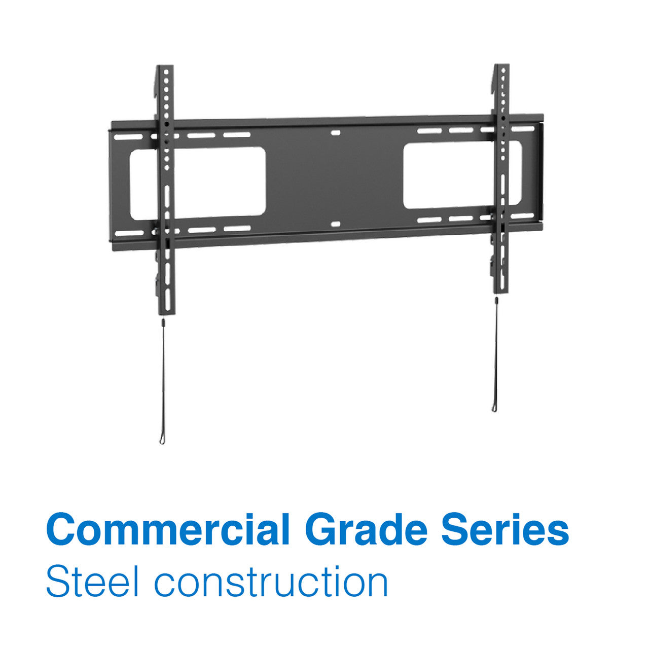 Black large fixed TV wall bracket angle view on white Commercial Grade Series steel construction two cutouts and cable wires