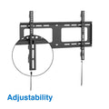Black fixed TV wall bracket with Adjustability label and magnified height adjustment slot detail on white