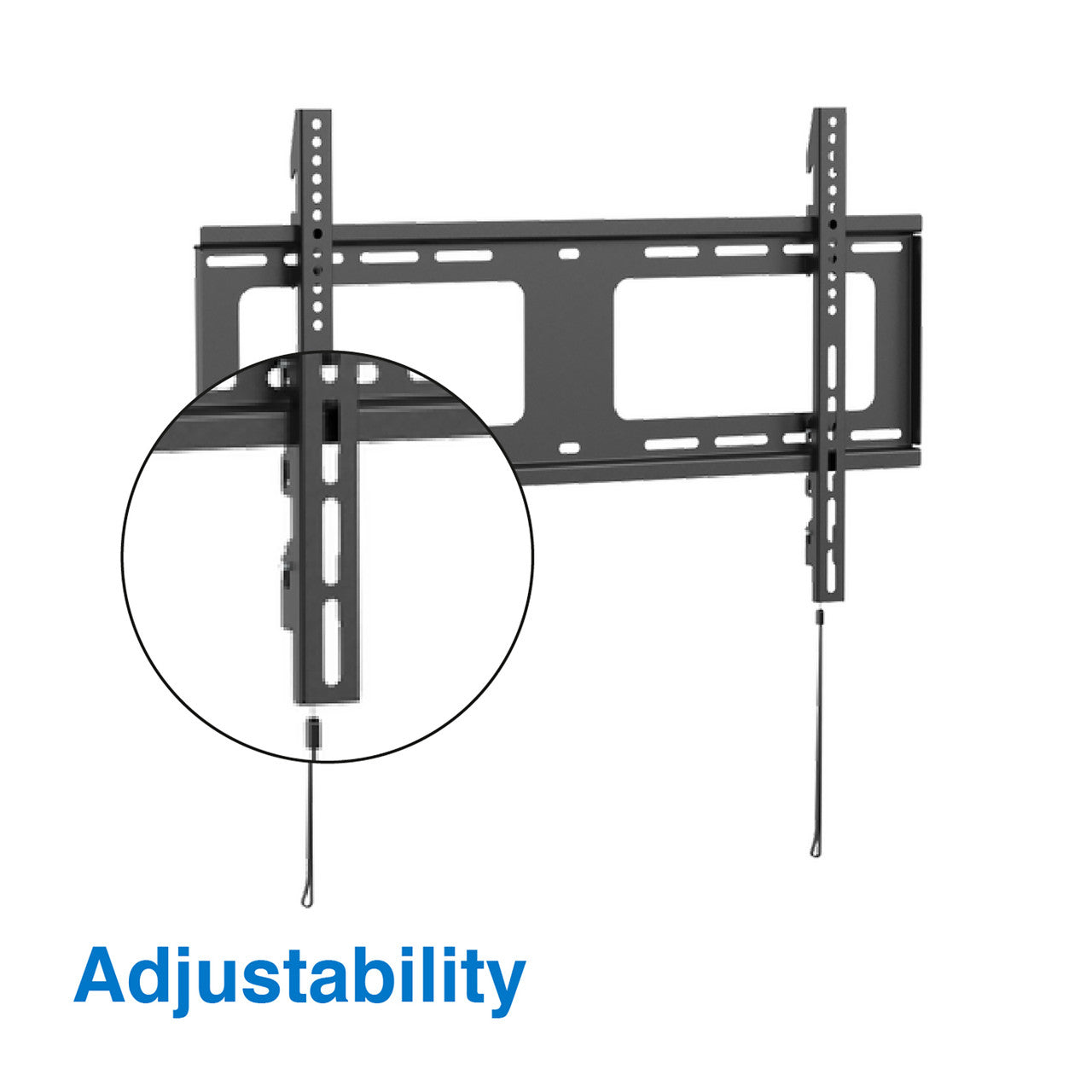 Black fixed TV wall bracket with Adjustability label and magnified height adjustment slot detail on white