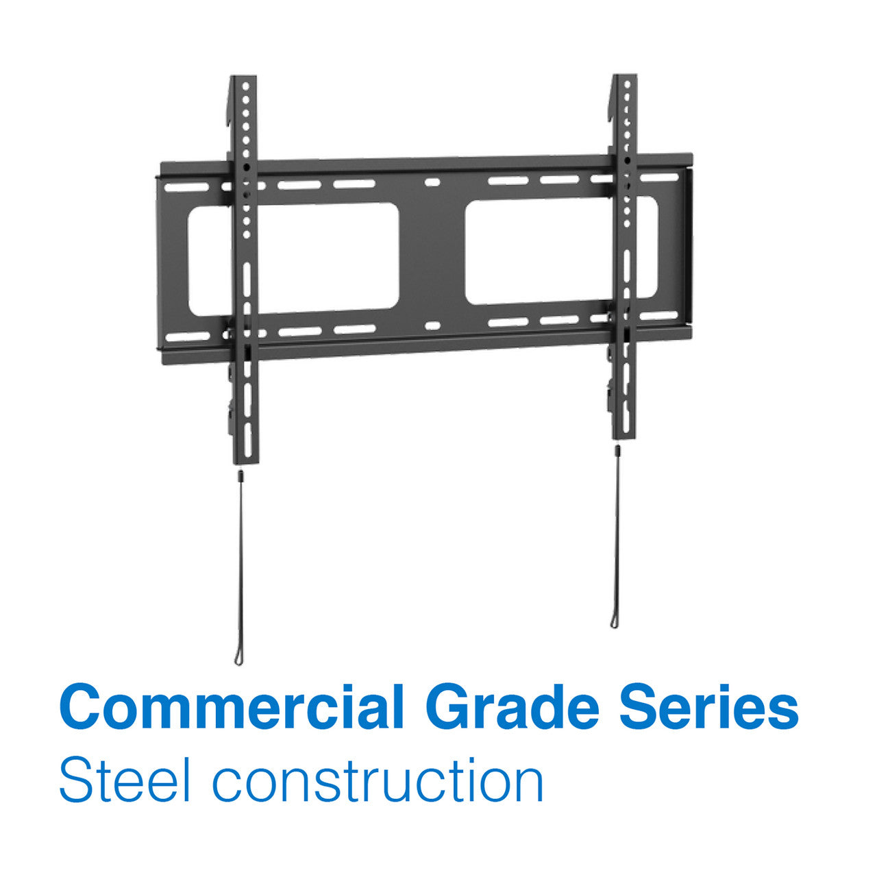 Black large fixed TV wall bracket on white Commercial Grade Series steel construction label two cable wires