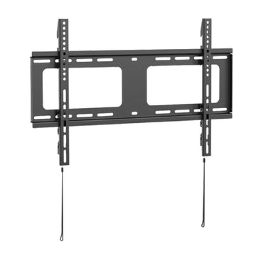 Black fixed TV wall bracket front view on white two mounting uprights two cable wires and rectangular cutouts