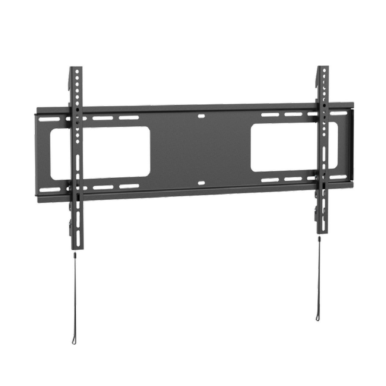 Black large fixed TV wall bracket flat front view on white two square cutouts two cable wires and height adjustment rails