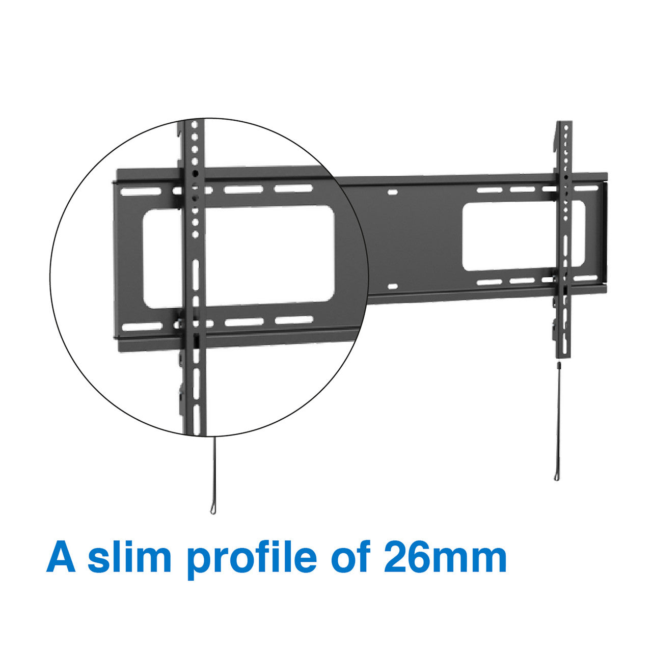 Black fixed TV wall bracket with slim profile 26mm callout and magnified detail on white background