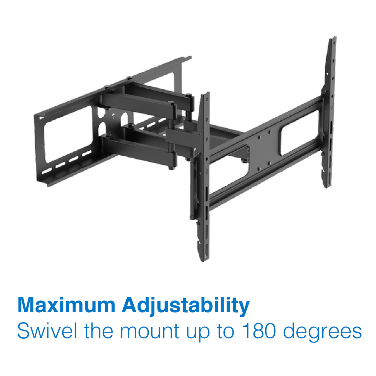Black large full-motion TV wall bracket angle view maximum adjustability swivel up to 180 degrees on white