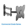 Black full-motion TV wall bracket angle view on white Commercial Grade Series label butterfly plate and dual arms