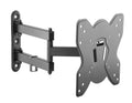 Black full-motion articulating TV wall bracket angle view on white two arms and butterfly TV plate with mounting holes