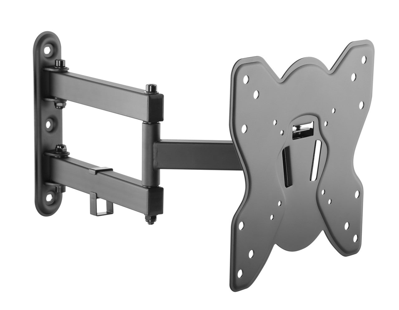 Black full-motion articulating TV wall bracket angle view on white two arms and butterfly TV plate with mounting holes