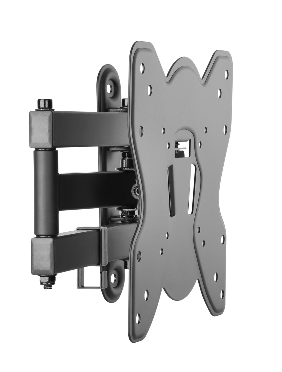 Black full-motion TV wall bracket close-up angle view showing dual arm hinges and bracket joints on white