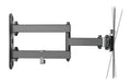 Black full-motion TV wall bracket side view fully extended on white wall plate left TV plate right with tilt