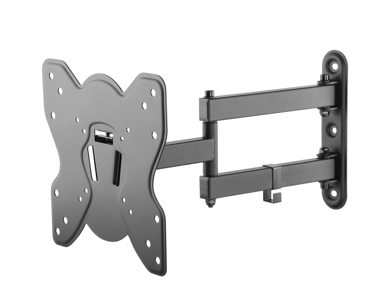 Black full-motion TV wall bracket rear angle view on white butterfly TV plate dual arms and wall plate