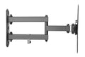 Black full-motion articulating TV wall bracket side view on white extended dual arms wall plate and TV plate visible