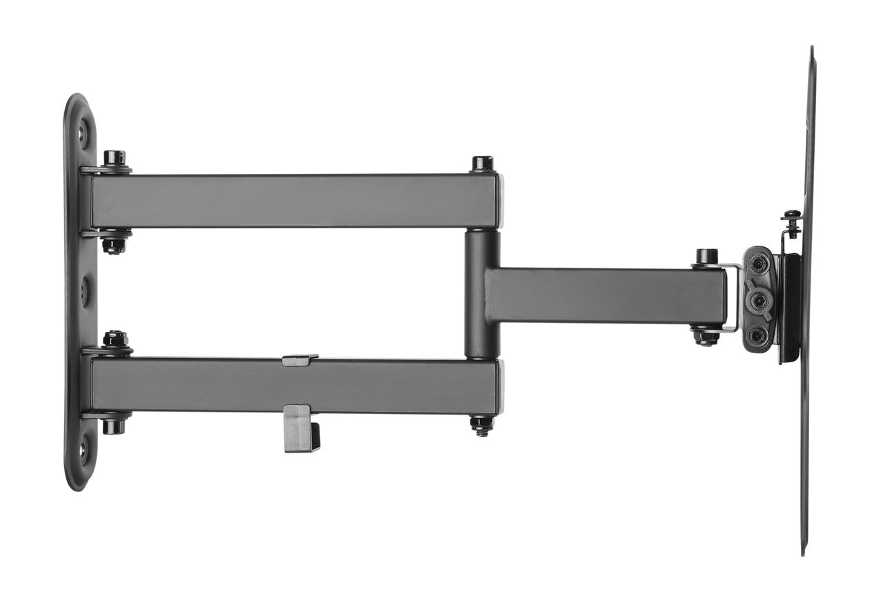 Black full-motion articulating TV wall bracket side view on white extended dual arms wall plate and TV plate visible