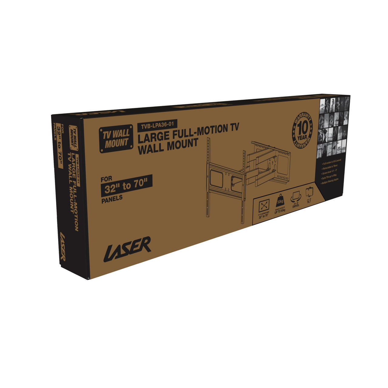 Laser large full-motion TV wall mount box TVB-LPA36-01 for 32-70 inch panels 50kg swivel tilt 10-year warranty
