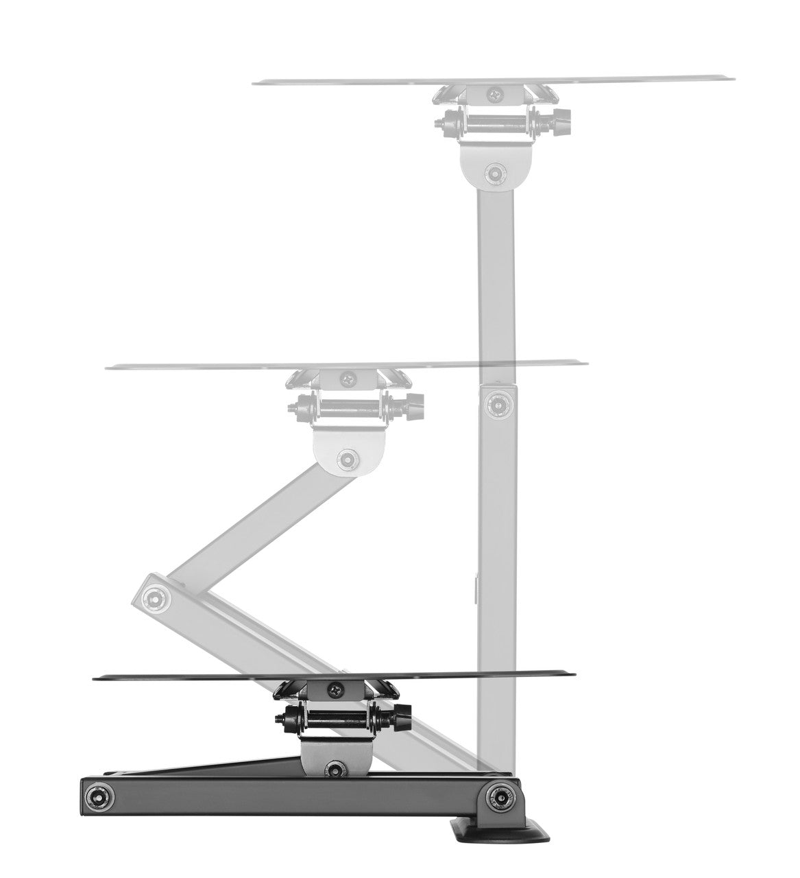 Black projector ceiling mount side view on white with three ghosted positions showing height adjustment range