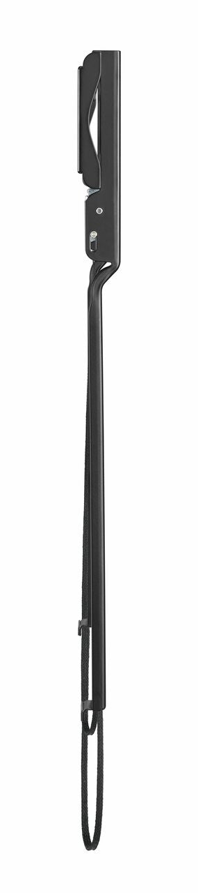 Black slim fixed TV wall bracket single arm side profile view showing slim design quick release clip and cable loop