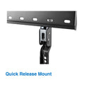Black slim fixed TV wall bracket quick release mount close-up showing locking clip and cable wire on white