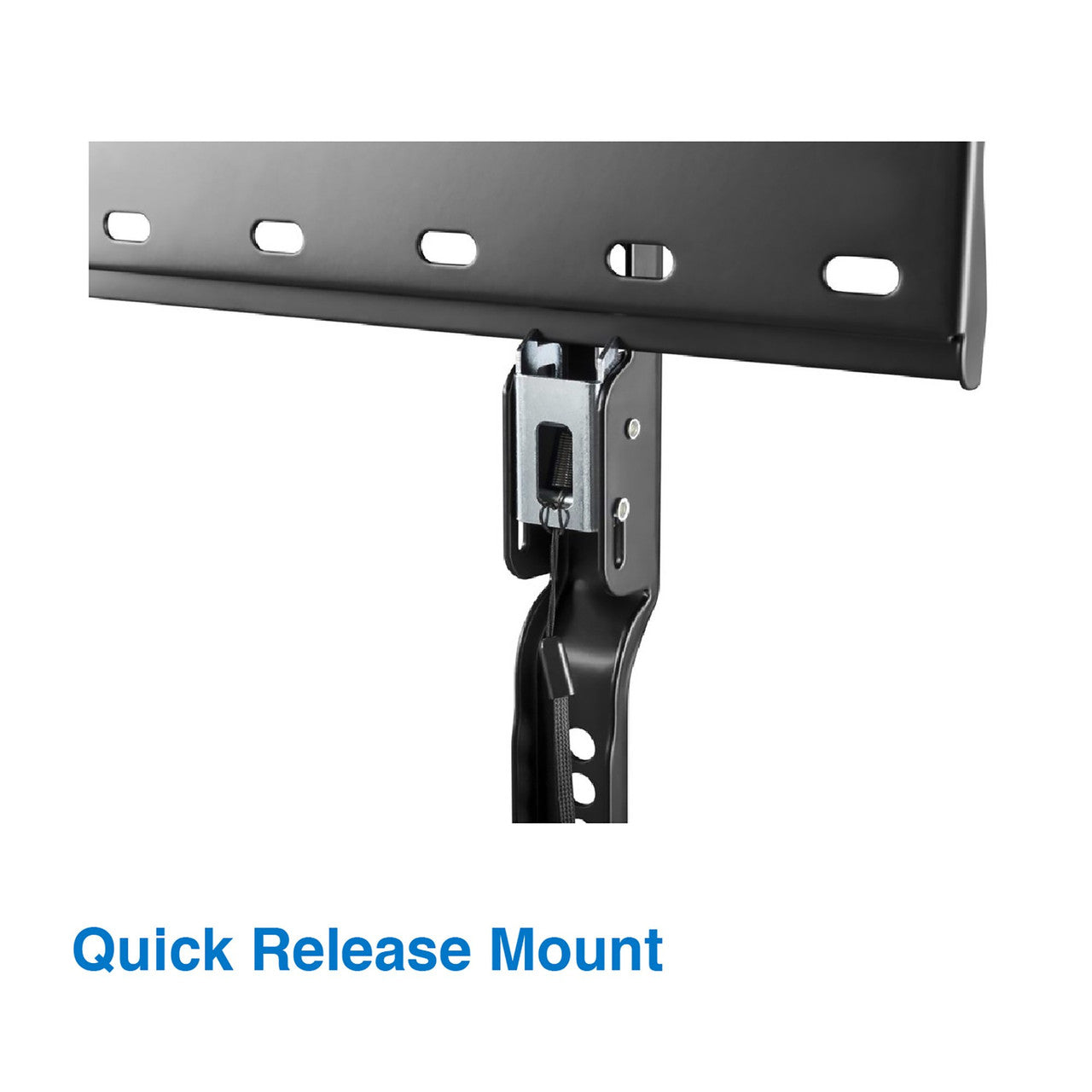 Black slim fixed TV wall bracket quick release mount close-up showing locking clip and cable wire on white