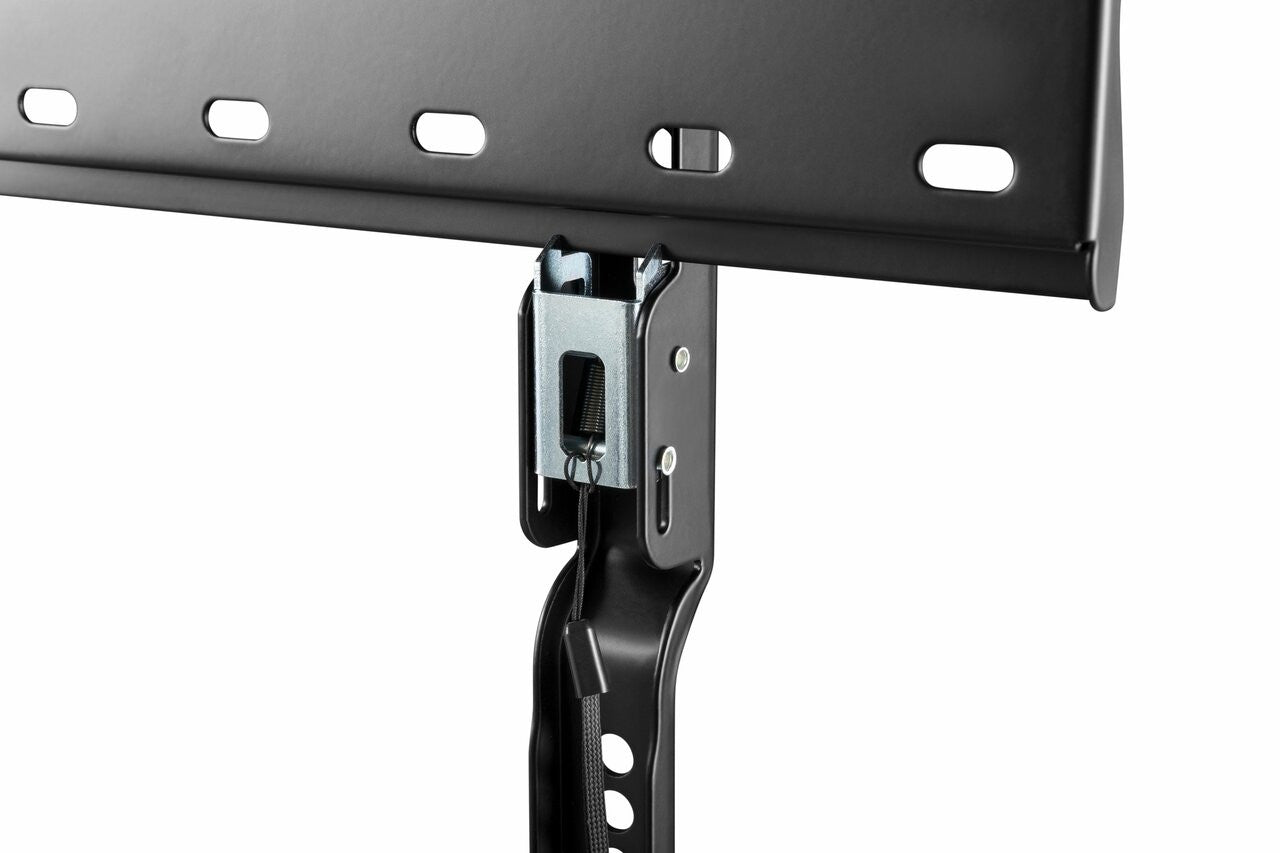 Black slim fixed TV wall bracket quick release clip close-up showing locking mechanism and bracket top rail on white