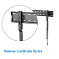 Black slim fixed TV wall bracket angle view with circle magnifying bracket detail Commercial Grade Series label on white