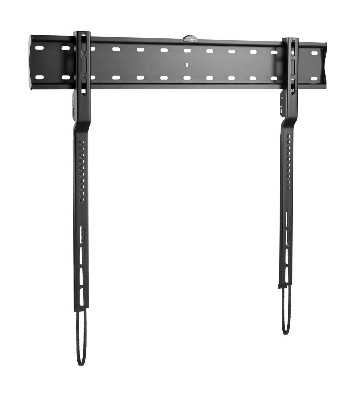 Black slim fixed TV wall bracket flat front view on white wide top rail spirit level and two long vertical cable arms