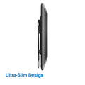 TV on slim fixed wall bracket side view ultra-slim design showing tight wall profile with cable on white