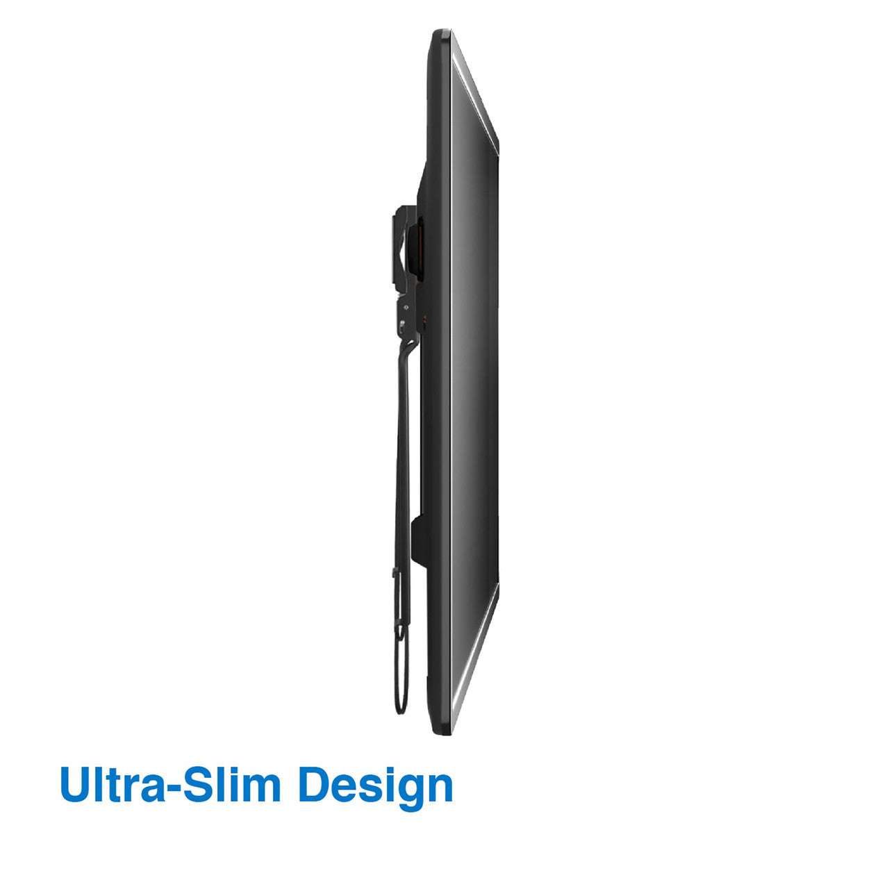 TV on slim fixed wall bracket side view ultra-slim design showing tight wall profile with cable on white