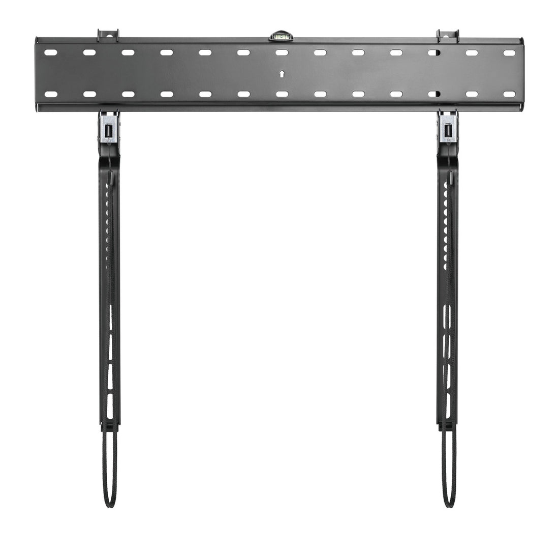 Black slim fixed TV wall bracket flat front view on white wide top rail with slots spirit level and two long cable arms