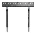 Black slim fixed TV wall bracket flat front view on white wide top rail with slots spirit level and two long cable arms