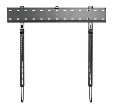Black slim fixed TV wall bracket flat front view on white wide top rail with slots spirit level and two long cable arms