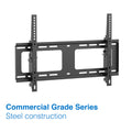 Black tilting TV wall bracket on white Commercial Grade Series steel construction label two vertical rails and cutouts