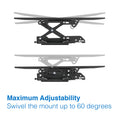 Tilting TV wall bracket top-down swivel diagram maximum adjustability 60 degrees with ghosted arm position on white