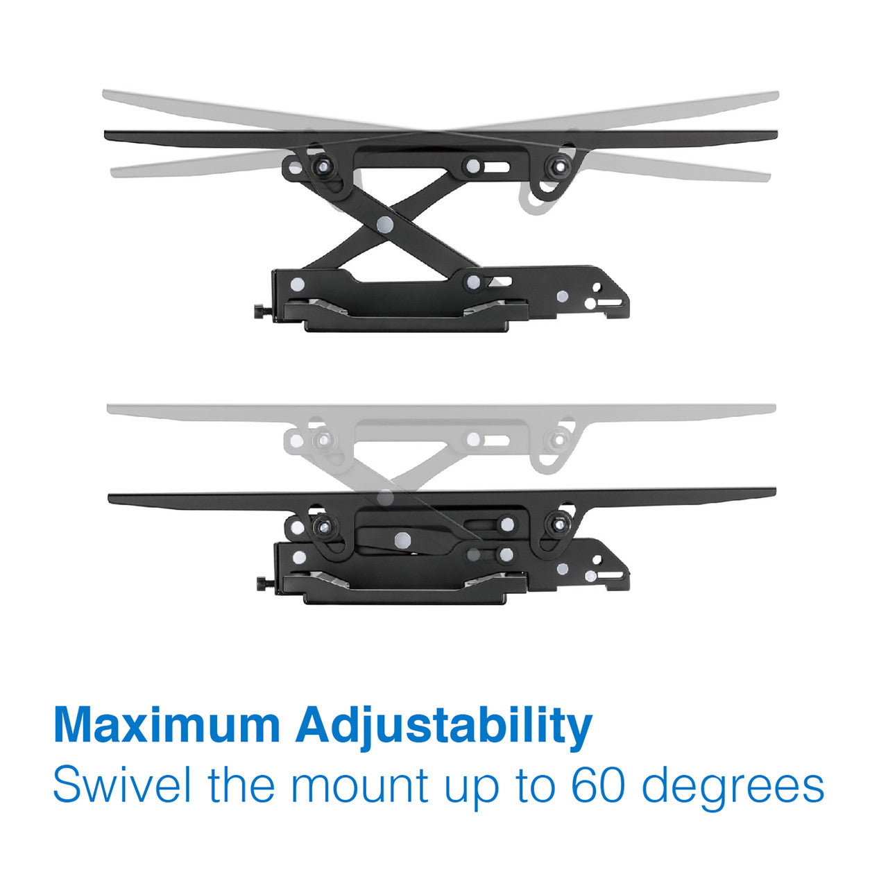 Tilting TV wall bracket top-down swivel diagram maximum adjustability 60 degrees with ghosted arm position on white