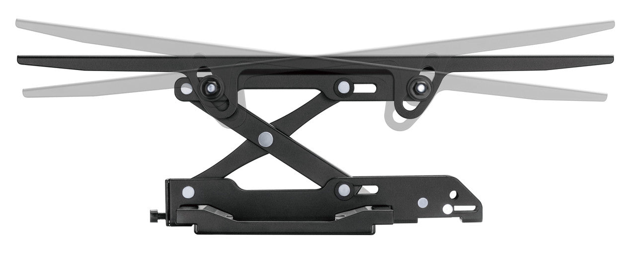 Tilting TV wall bracket top-down close-up showing swivel pivot point and ghosted arm position on white background