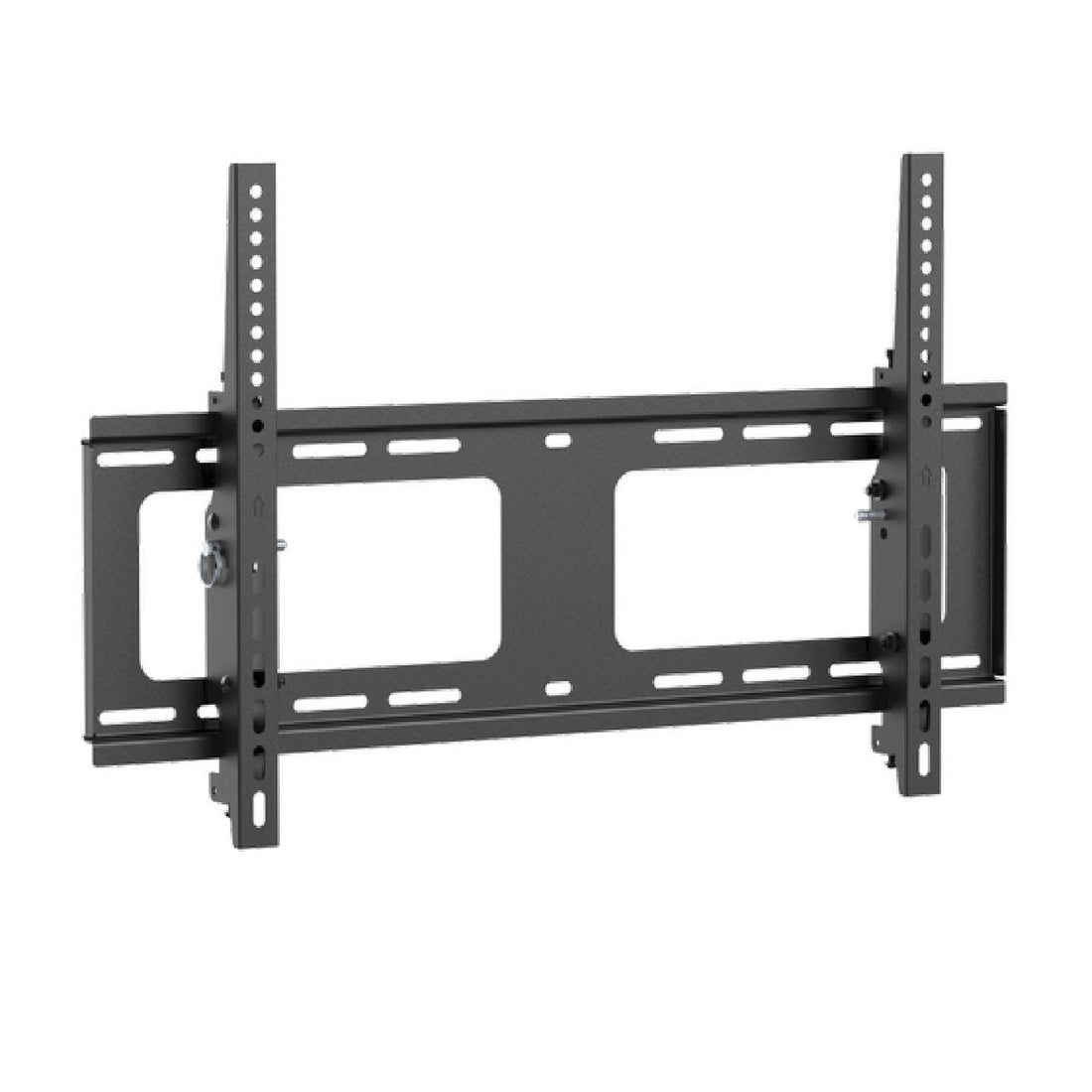 Black large tilting TV wall bracket angle view on white two vertical rails two open cutouts and tilt pin mechanism
