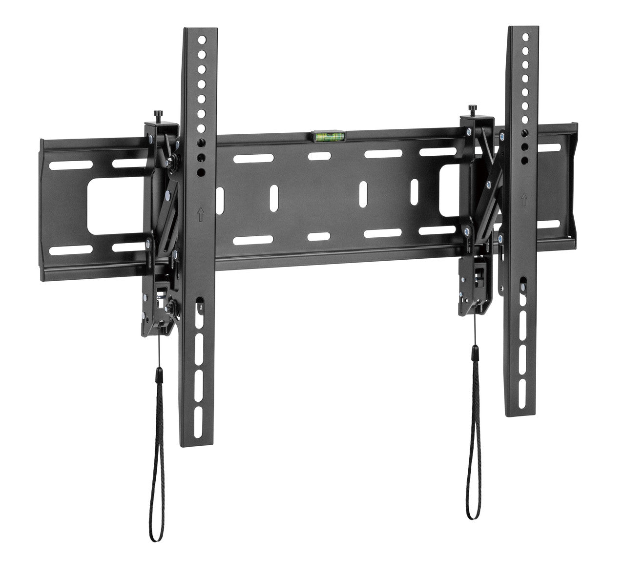 Black tilting TV wall bracket angle view on white two vertical rails spirit level tilt mechanism screws and cable wires