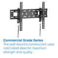 Black tilting TV wall bracket on white Commercial Grade Series cold rolled steel label spirit level and cable wires