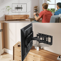 Black articulating TV wall bracket lifestyle top showing TV mounted in room and bracket close-up below