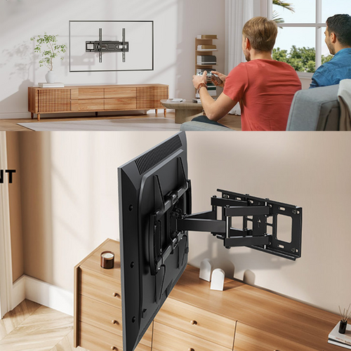 Black articulating TV wall bracket lifestyle top showing TV mounted in room and bracket close-up below