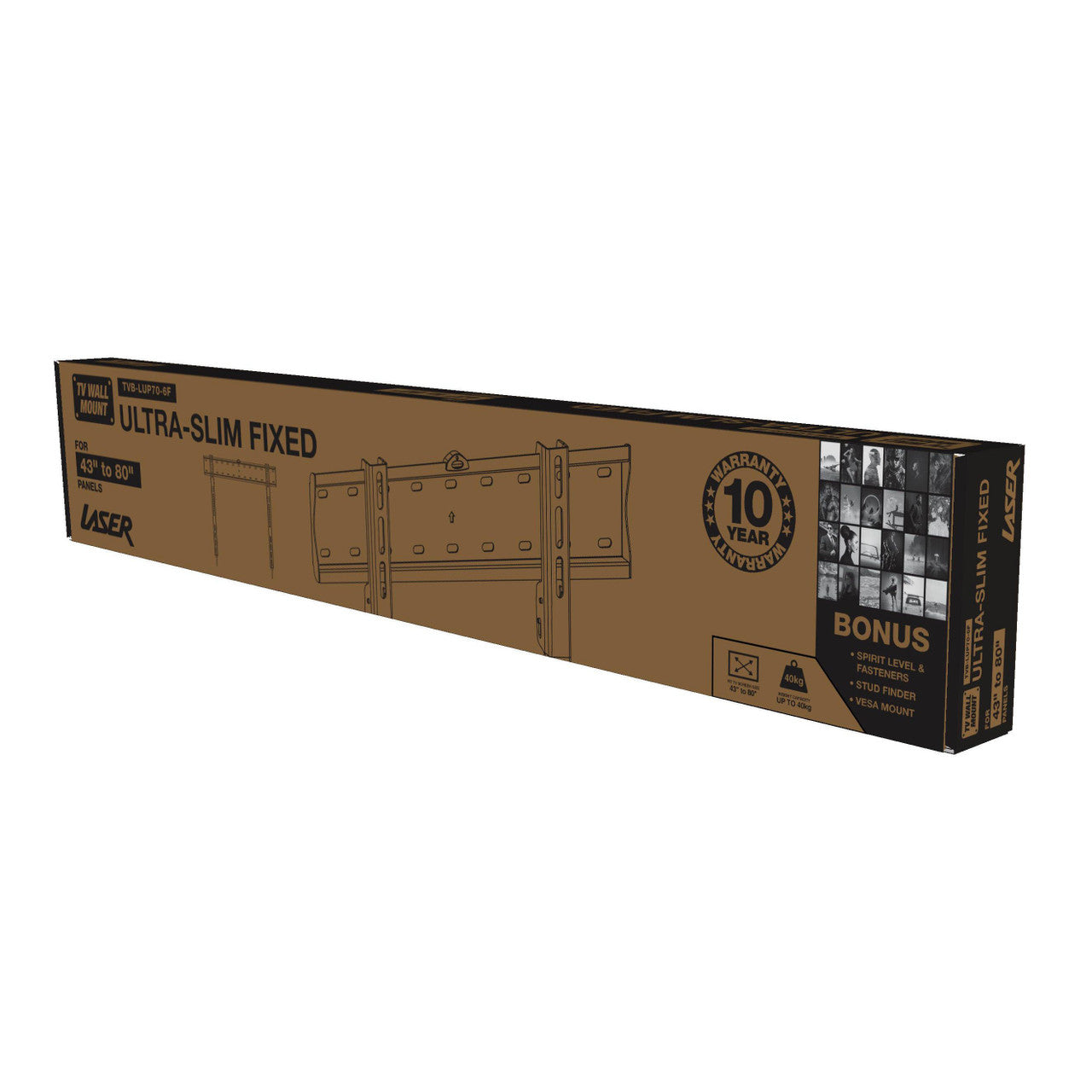 Laser ultra-slim fixed TV wall mount box TVB-LUPT0-6F for 43-80 inch panels 40kg bonus spirit level and stud finder